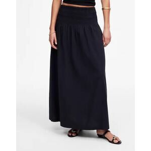NWT Madewell Smocked-Waist 100% Cotton Poplin Midi Skirt In Jet Black Medium